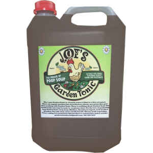 picture of a transparent bottle with brown liquid. Joe's garden tonic